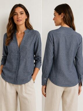 CRIPPEN Navy Linen Cotton Blend V-Neck Blouse Size M